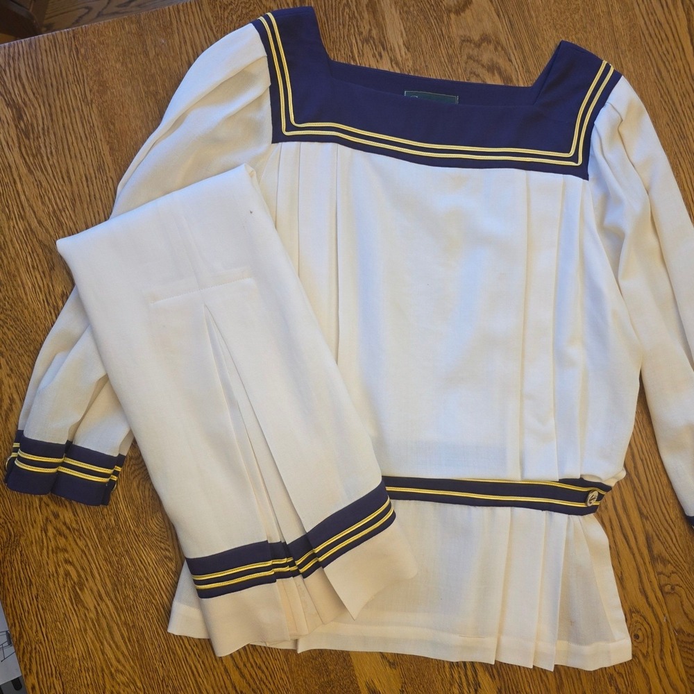 Vintage 100% Wool Cullinane Nautical Purple Gold 2 pc Sailor Dress Sz 10 Anchor
